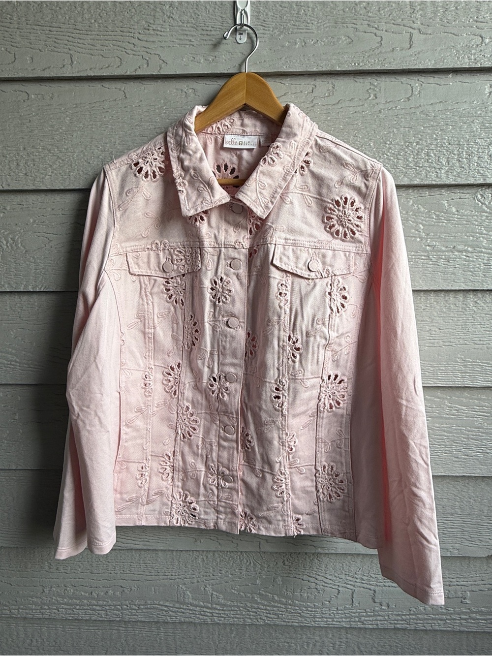 QVC Belle by Kim Gravel Pink Eyelet Mixed Media Twill Jacket Stretch Boho 2X